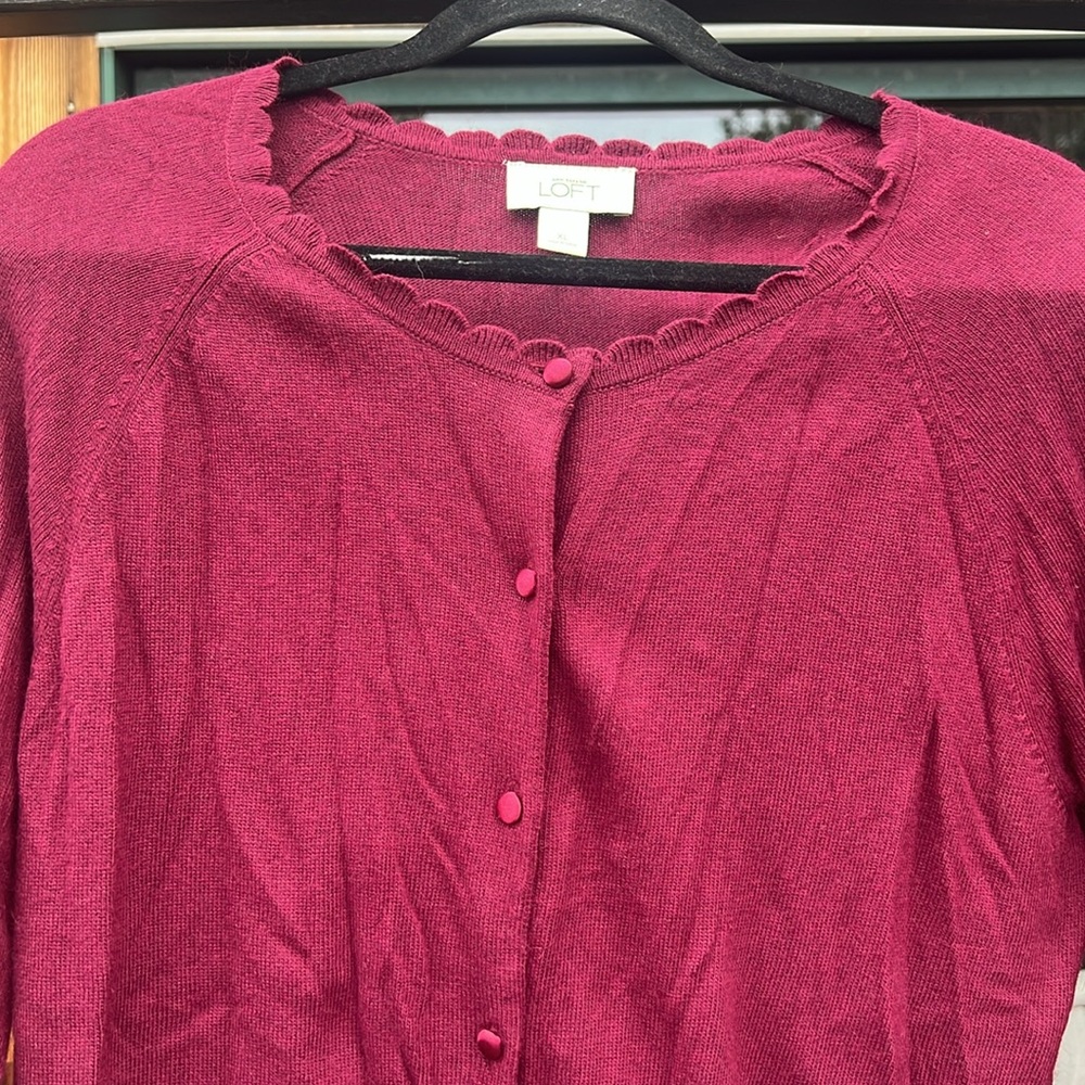 Loft Outlet XL Rayon, Nylon, and Rabbit Fur XL Maroon Button Up Cardigan - Picture 2 of 10